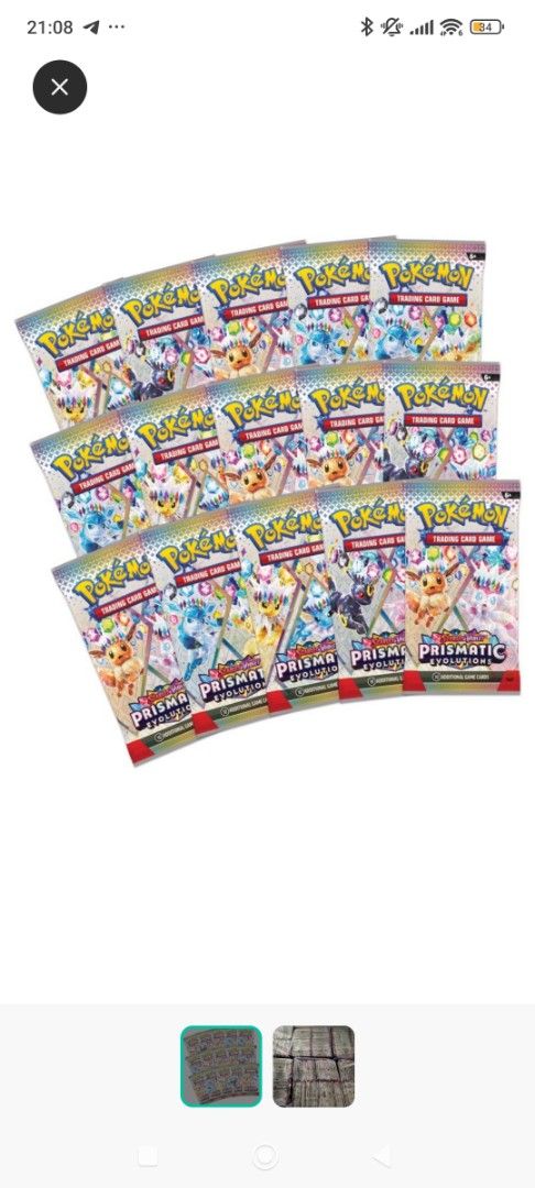 Prismatic Evolution (Category: Card Packs) located in Singapore. Submitted by rachelkk88 (Listing ID 1410669883, Image 1). Description: • Prismatic Evolution Booster packs, featuring umbreon, sylveon, leafeon, glaceon, flareon, vaporeon, espeon, eevee • $10.5/pack, MOQ 50packs.