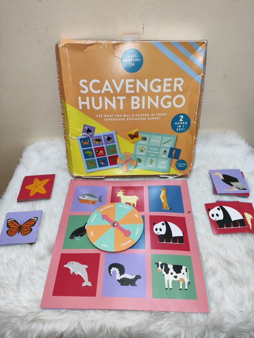 Scavenger Hunt Bingo Board Game (Category: Board Games & Puzzles) located in Cavite. Submitted by tinetaclesss (Listing ID 1410595602, Image 1). Description: - Two games in one set: Scavenger Hunt Bingo and Nature Scavenger Hunt. - Includes game board, spinner, and animal cards. complete - Features nature scavenger hunt cards. - Illustrated exploring games. - Designed for kids to learn and have fun..