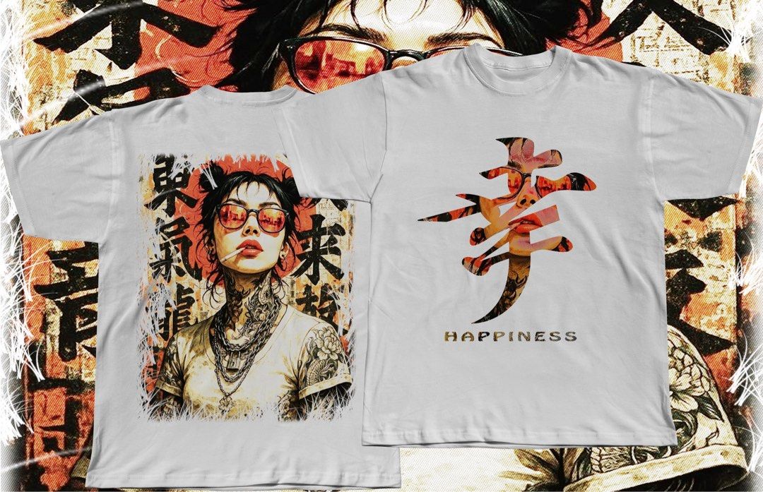 White Graphic T-shirt - Happiness Design (Category: Tshirts & Polo Shirts ) located in Balanga. Submitted by austriamichael (Listing ID 1410594510, Image 1). Description: - White t-shirt with unique design - Front: Japanese character and "Happiness" - Back: Graphic of a woman with tattoos and sunglasses - Perfect for those who appreciate artistic apparel.