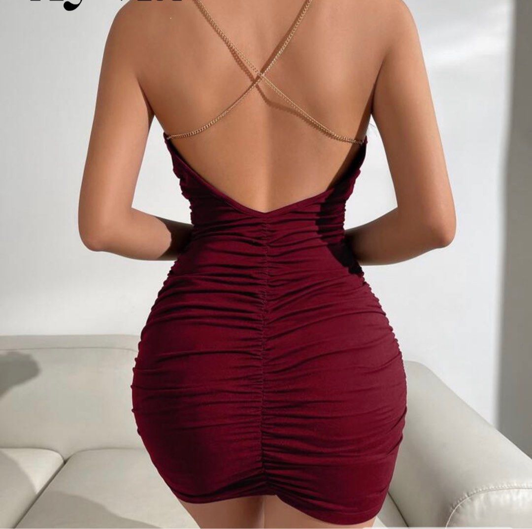 Burgundy Chain Strap Mini Dress (Category: Dresses) located in Rizal. Submitted by preluvjay (Listing ID 1407476812, Image 2). Description: - Burgundy mini dress - Cowl neckline - Chain straps - Ruched design - Low back - Ideal for special occasions.