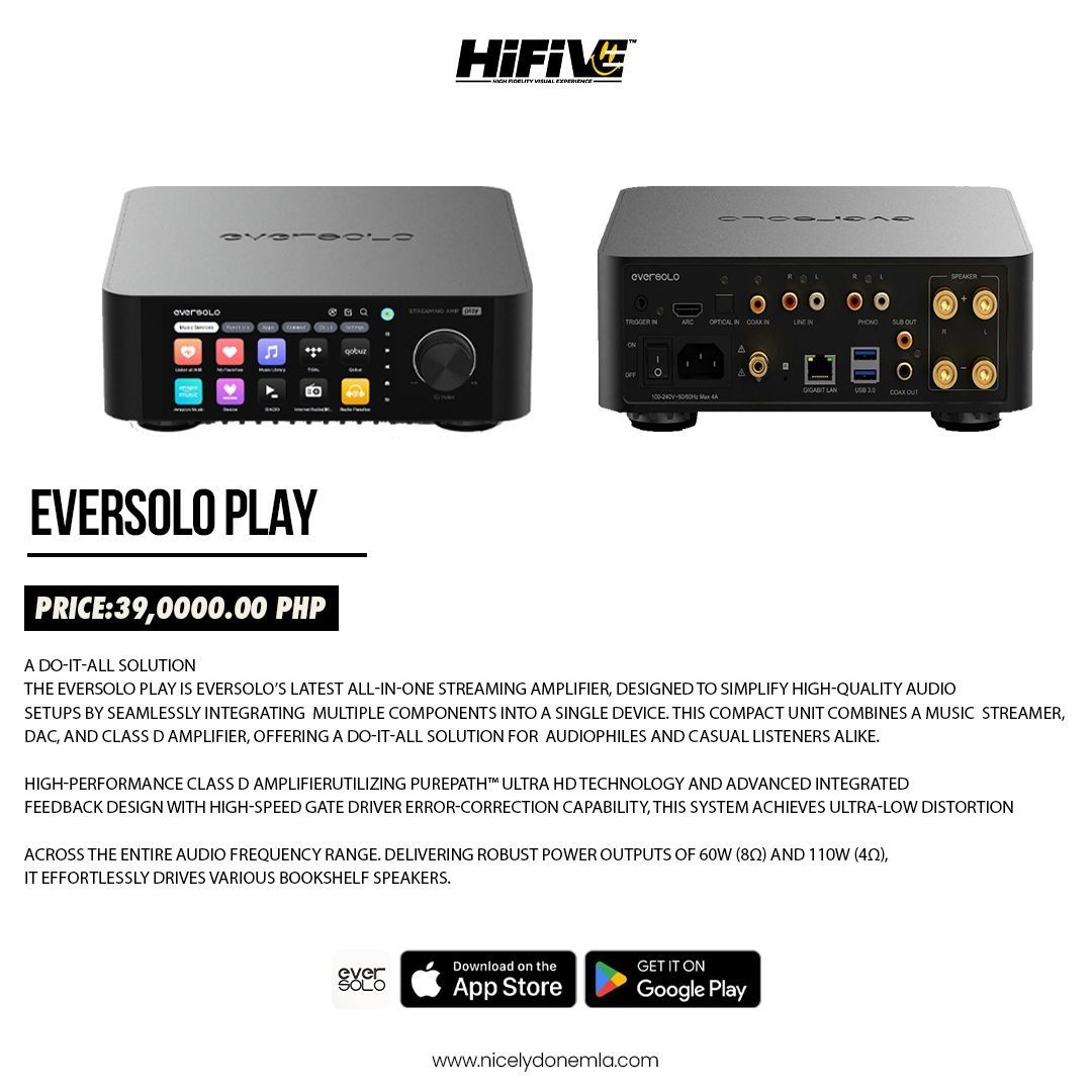 Eversolo Play All-In-One Streaming Amplifier (Category: Soundbars, Speakers & Amplifiers) located in Quezon City. Submitted by hifivebynicelydone (Listing ID 1407461300, Image 2). Description: Meet EverSolo Play, a Sonic Swiss Army Knife, Merging DAC, Amp, and Streamer into One Feature-Rich Marvel ⭐ A DAC, streamer, and amp in one stylish device ⭐ Smooth 5.5-inch display that’s actually nice to use ⭐ Powerful amp: 60W (8Ω) / 110W (4Ω) ⭐ Works wit