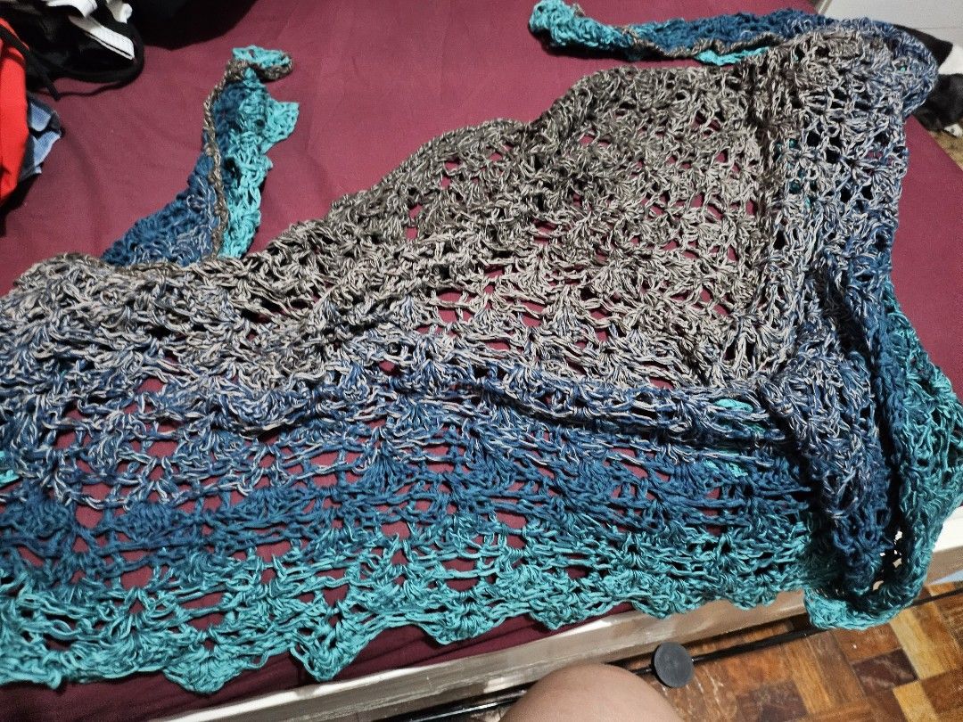 Handmade Crochet Shawl - Blue and Gray (Category: Scarves) located in Angeles City. Submitted by buxom.cheeks (Listing ID 1407442296, Image 2). Description: - Handmade crochet shawl - Blue and gray gradient color - Open, lacy design - Lightweight and comfortable - Adds elegance to any outfit - Unique, handcrafted piece.