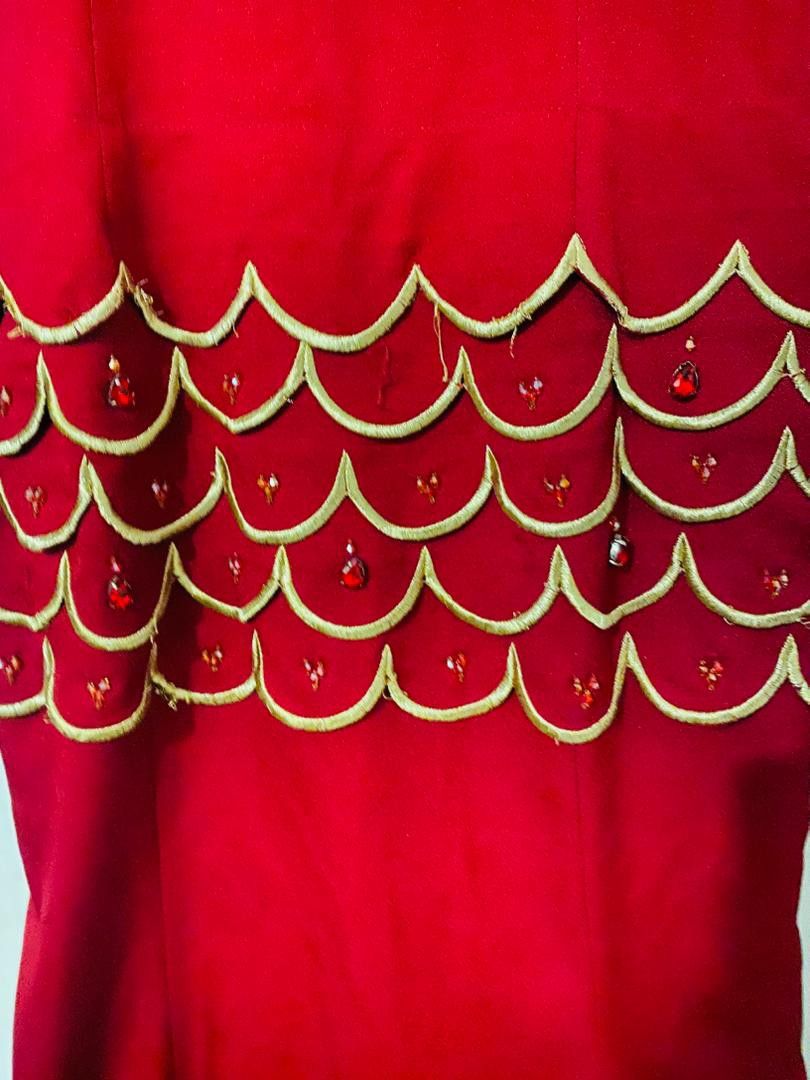 JOVIAN Red Mermaid Dress (Category: Dresses) located in Gombak. Submitted by zarafrozyy (Listing ID 1407529057, Image 2). Description: - JOVIAN red mermaid dress - Size S - Elegant long sleeves - Unique scalloped design - Embellishments at waist - Convenient back zipper closure.