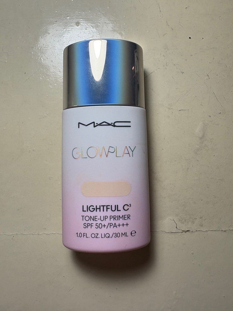 MAC Glow Play Lightful C3 Tone-Up Primer (Category: Makeup) located in Manila. Submitted by mae.millado (Listing ID 1407551140, Image 1). Description: - MAC Glow Play Lightful C3 Tone-Up Primer - Shade: Freshly Peached B45 - SPF 50+/PA+++ - Size: 1.0 fl. oz. / 30 ml - Designed to tone up skin - Comes in a white and pink gradient cylindrical bottle.