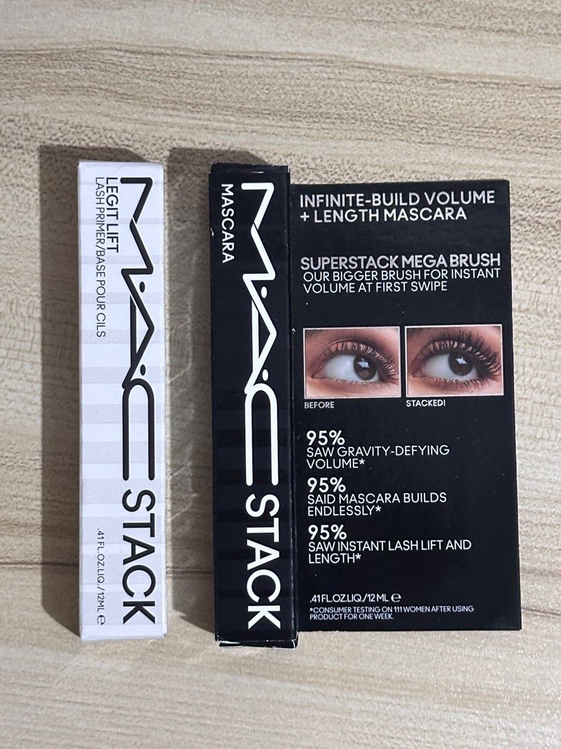 MAC Stack Mascara and Lash Primer (Category: Makeup) located in Las Pinas. Submitted by aleln (Listing ID 1407432784, Image 1). Description: Brand New and Authentic💯 SRP is 2k+ each -MAC Stack Legit Lift Lash Primer (₱1,300) -MAC Stack Infinite-Build Volume + Length Mascara (₱1,300) ₱2,500 for both!🥰.