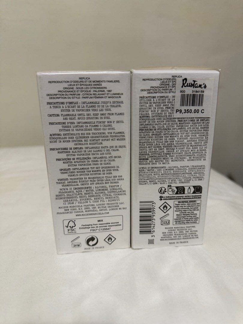 Maison Margiela Replica E'au de Toilette 100ml (Category: Fragrance & Deodorants) located in Pateros City. Submitted by _goldenbb (Listing ID 1407511337, Image 2). Description: - Maison Margiela Replica Eau de Toilette - Available scents: 'Under the Lemon Trees' and 'From The Garden' - Size: 100ml each - Condition: New and sealed - Price per box: P8500 Bundle for both : PHP 16,000 .