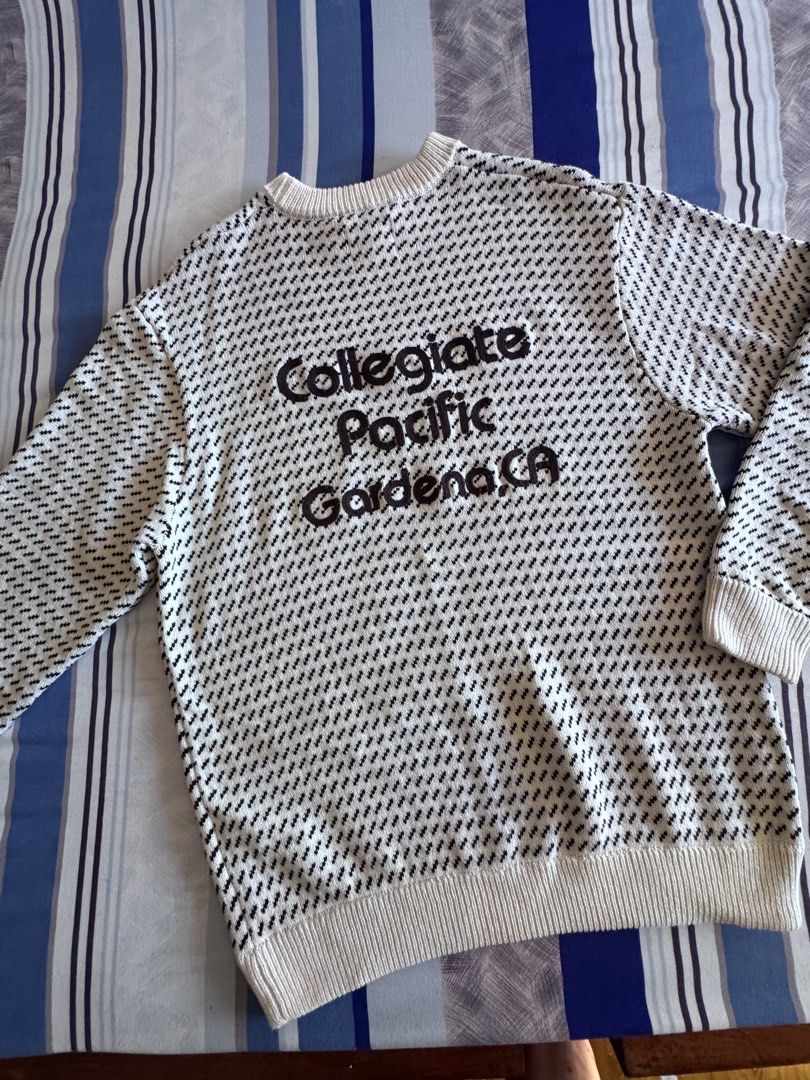 Niko and... Collegiate Pacific Sweater (Category: Coats, Jackets and Outerwear) located in Legazpi City. Submitted by mechan88 (Listing ID 1407383956, Image 1). Description: - Cream-colored sweater - Black geometric pattern - "Collegiate Pacific Gardena CA" text on front - Size: M - Ribbed neckline, cuffs, and hem - Comfortable and stylish.