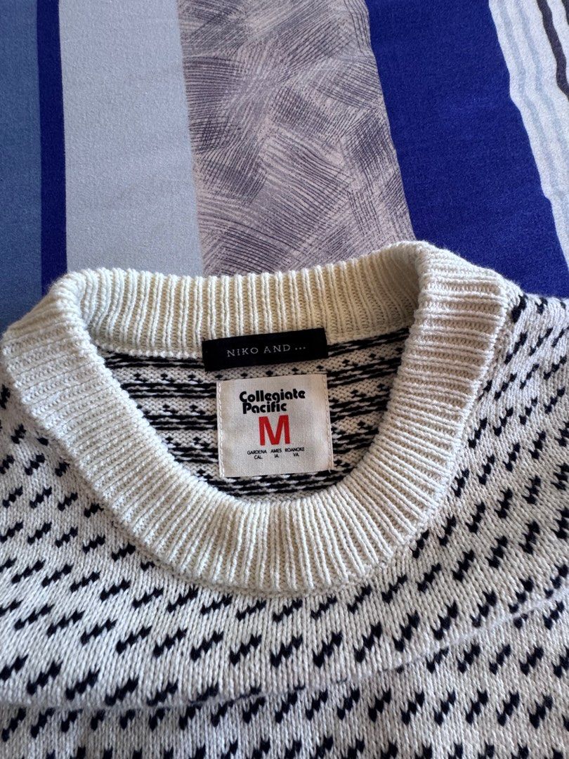 Niko and... Collegiate Pacific Sweater (Category: Coats, Jackets and Outerwear) located in Legazpi City. Submitted by mechan88 (Listing ID 1407383956, Image 3). Description: - Cream-colored sweater - Black geometric pattern - "Collegiate Pacific Gardena CA" text on front - Size: M - Ribbed neckline, cuffs, and hem - Comfortable and stylish.