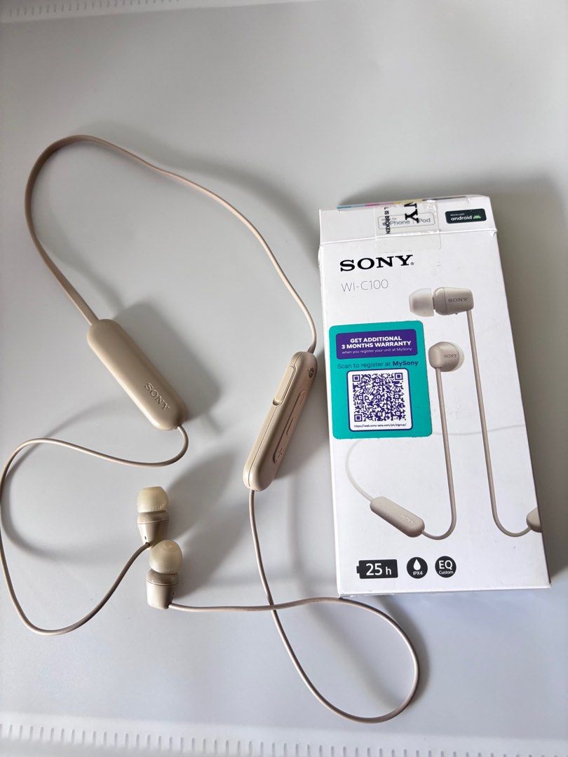 Original Sony WI-C100 (Category: Headphones & Headsets) located in Cebu City. Submitted by aryssscloset (Listing ID 1407384163, Image 1). Description: Wireless In ear bluetooth earphones Seldom used Newly bought Original price 1799 pesos Please check details on the photos Gcash / metrobank Cebu based Can be shipped via LBC Cash on Pick up 104 pesos for Manila .
