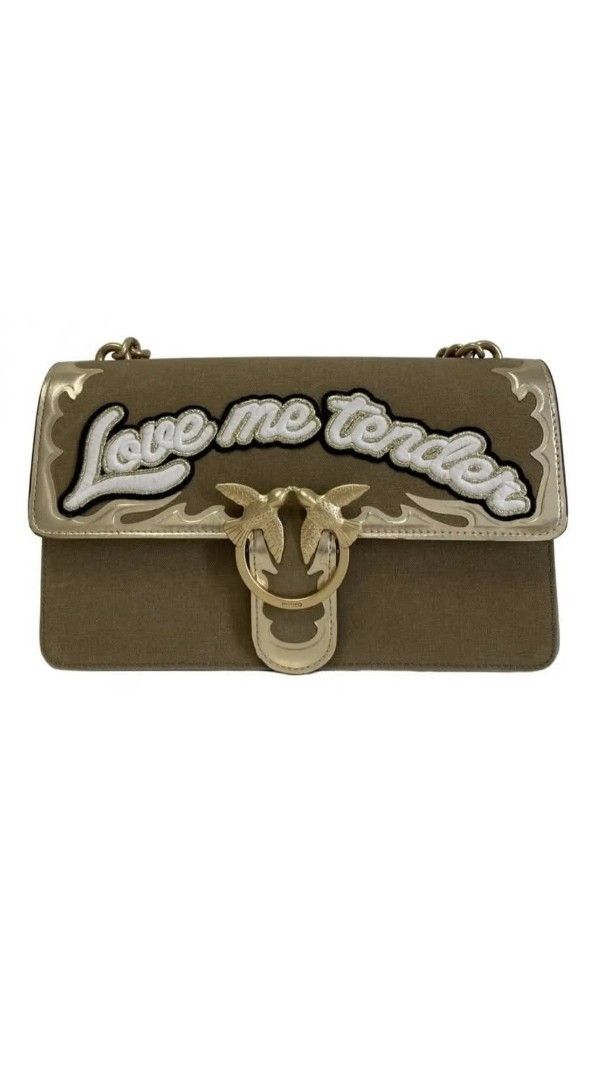 Pinko Love Me Tender Messenger Bag (Category: Luxury Bags & Wallets) located in Villasis. Submitted by mysticforest.bb2b4b (Listing ID 1407399962, Image 1). Description: - Pinko Love Me Tender messenger bag - Color: Olive Green - Gold chain strap - Signature Love Birds buckle - Flap closure - Interior pocket - Exterior detail: "Love Me Tender".