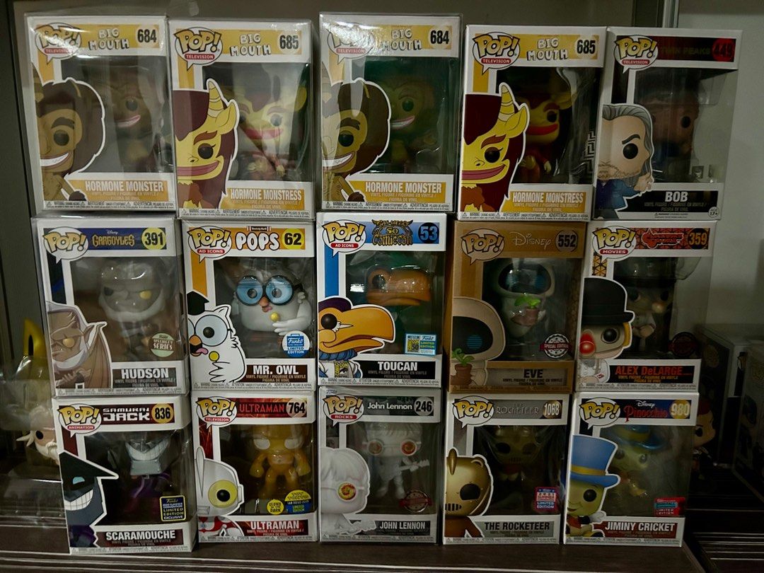 Rare Funko Pops 700 each (Category: Designer & Blind Box Toys) located in Quezon City. Submitted by any.every (Listing ID 1407556776, Image 1). Description: Big Mouth Hormone Monster Twin Peaks Bob Gargoyles Wall-E Eve Samurai Jack Jiminy Cricket and more all 700 each.