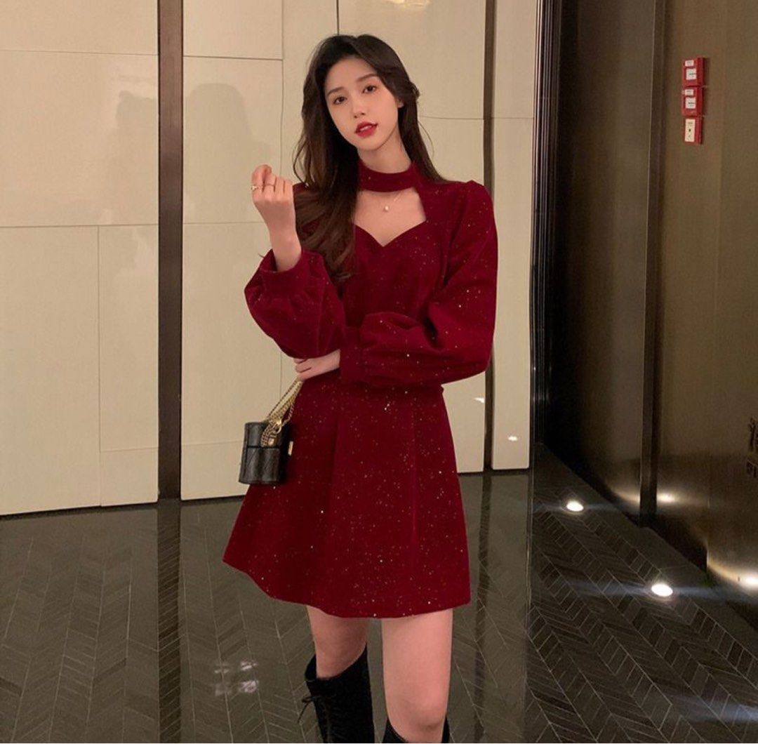 Red Velvet Mini Dress (Category: Dresses) located in Manila. Submitted by biesis08 (Listing ID 1407481287, Image 2). Description: - Red velvet mini dress - Unique choker neckline - Long sleeves with slight puff shoulders - Fitted bodice and flared skirt - Embellished with subtle sparkling details - Ideal for special occasions.