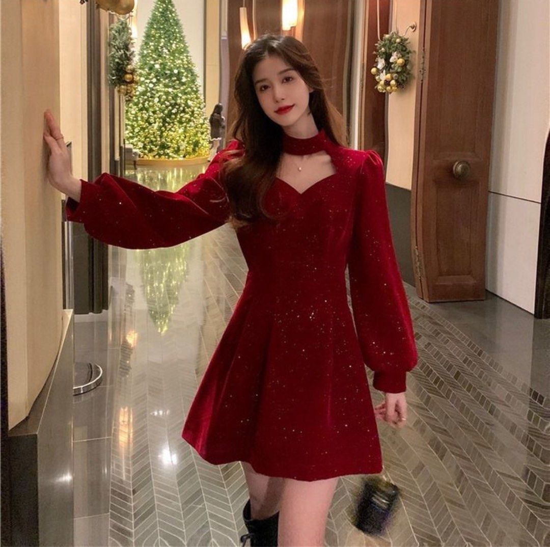Red Velvet Mini Dress (Category: Dresses) located in Manila. Submitted by biesis08 (Listing ID 1407481287, Image 3). Description: - Red velvet mini dress - Unique choker neckline - Long sleeves with slight puff shoulders - Fitted bodice and flared skirt - Embellished with subtle sparkling details - Ideal for special occasions.