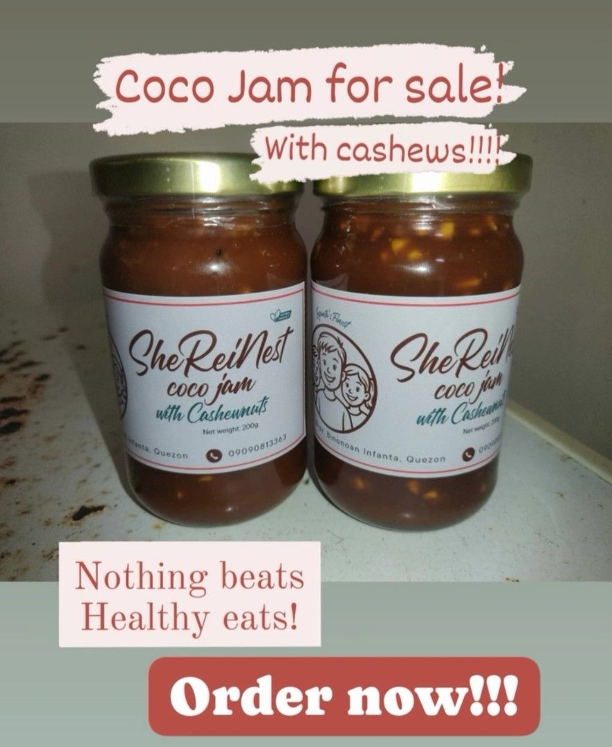She Rei Nest Coco Jam with Cashews (Category: Local Eats) located in Baras. Submitted by savios.preloved (Listing ID 1407541784, Image 1). Description: - Delicious She Rei Nest Coco Jam with Cashews - Perfect for snacks or desserts - Contains cashews for added flavor and texture - Each jar is 200g we accept bulk orders! *and offer reseller discounts! *wink* *wink*.