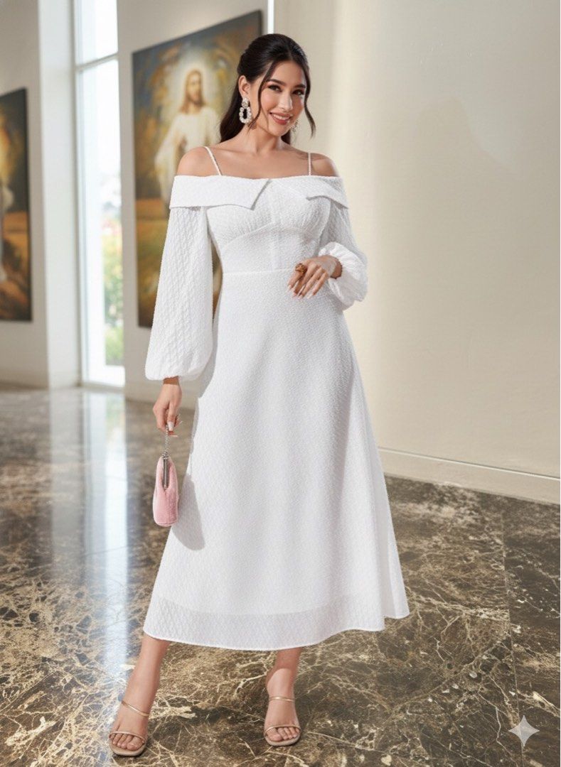 Shein Off-Shoulder White Dress (Category: Dresses) located in Cavite. Submitted by cielinesid (Listing ID 1407562522, Image 1). Description: Elegant white dress from Shein. Features an off-shoulder design with spaghetti straps and long, puffy sleeves. The dress has a textured fabric and a flattering A-line silhouette. It includes a collar detail and a fitted waist. Size is Large, with a 40-inch bust and a 31.5-inch waist..