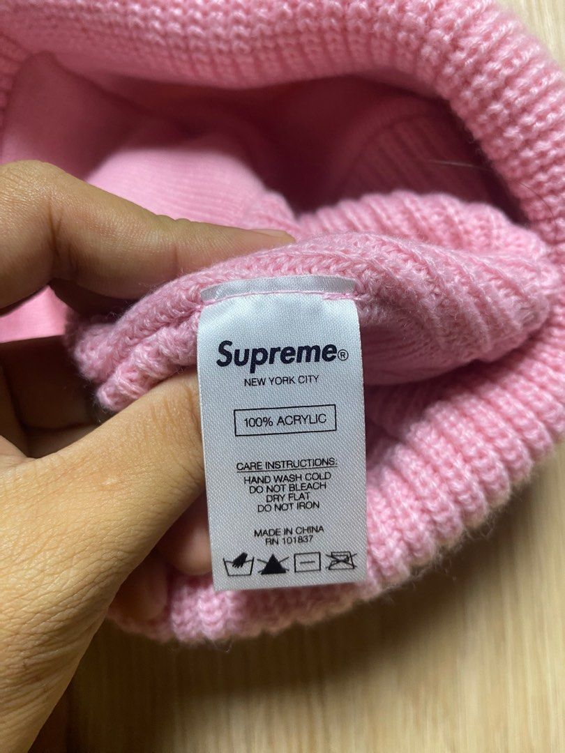 Supreme Paneled Seam FW20 Beanie (Category: Luxury Accessories) located in Olongapo. Submitted by copnsold (Listing ID 1407443393, Image 2). Description: Pink Supreme beanie. Features a patchwork design on the top. Made of 100% acrylic. Includes a Supreme tag with care instructions: hand wash cold, do not bleach, do not flat dry, and do not iron. Made in China..
