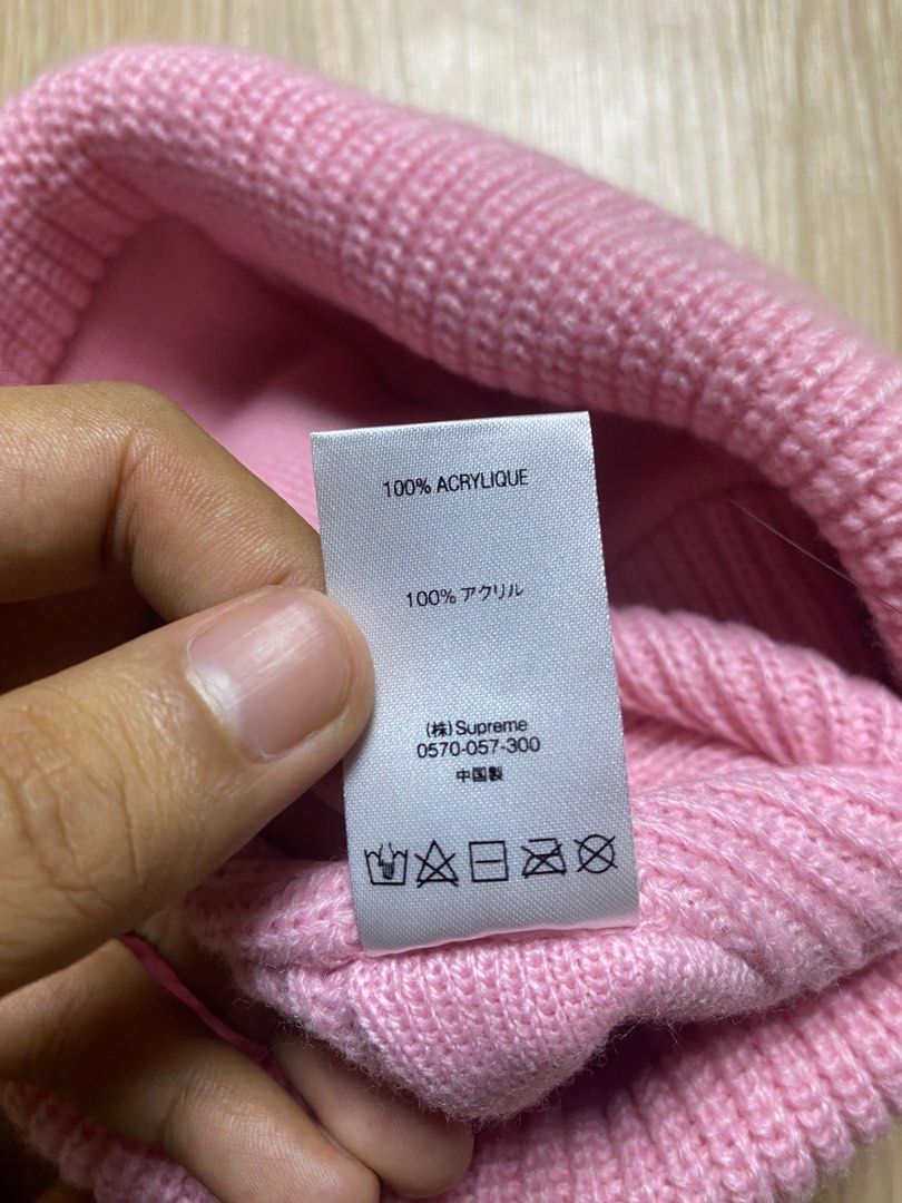 Supreme Paneled Seam FW20 Beanie (Category: Luxury Accessories) located in Olongapo. Submitted by copnsold (Listing ID 1407443393, Image 3). Description: Pink Supreme beanie. Features a patchwork design on the top. Made of 100% acrylic. Includes a Supreme tag with care instructions: hand wash cold, do not bleach, do not flat dry, and do not iron. Made in China..