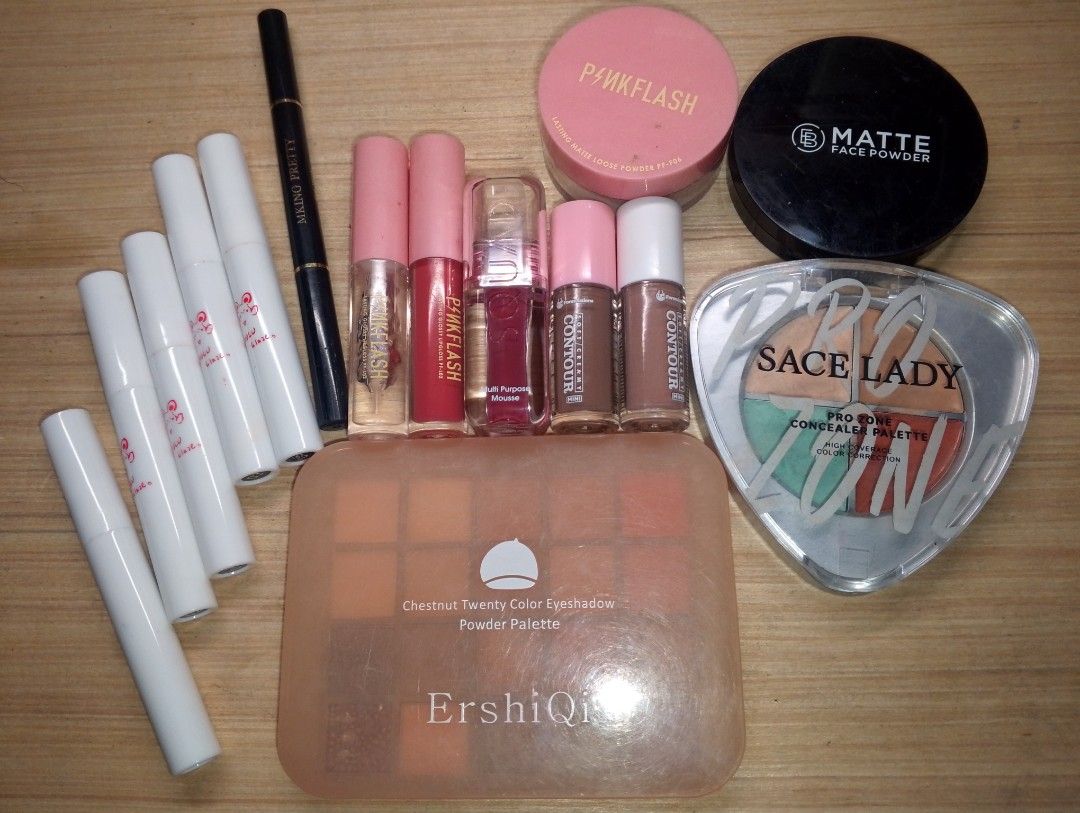 TAKE ALL SECOND-HAND MAKE UP (Category: Makeup) located in Manila. Submitted by yaomei_101 (Listing ID 1407494225, Image 1). Description: TAKE ALL NA FOR 250 Some are swatched only once and yung iba is personal use Eyebrow - 95% 5 set lippies - 90% 2 contour - 90% Ever Bilena Face Powder - 90% (with issue — see pic) pinkflash lippies - 85% Squad lippie - 85% Eye pallet - 85% pinkflash powder - 50% Sace Lady - 35%.
