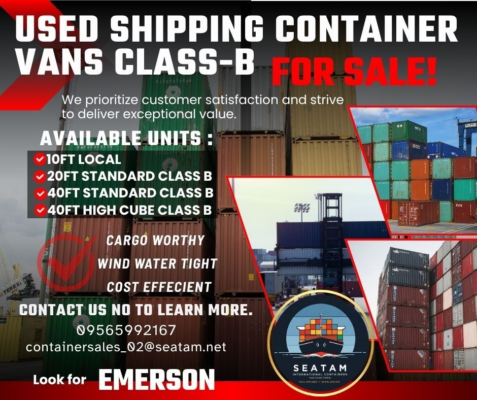 USED SHIPPING CONTAINERS CLASS B (Category: Construction & Building Materials) located in San Jose del Monte. Submitted by seatam_emerson (Listing ID 1407388799, Image 1). Description: - Used Class B Shipping Containers - Available Sizes: - 10ft Local - 20ft Standard - 40ft Standard - 40ft High Cube - Features: - Cargo Worthy - Wind and Water Tight - Cost Efficient - Great for: - Tiny Homes - Staff Houses - Construction - Storage - Contact us to 