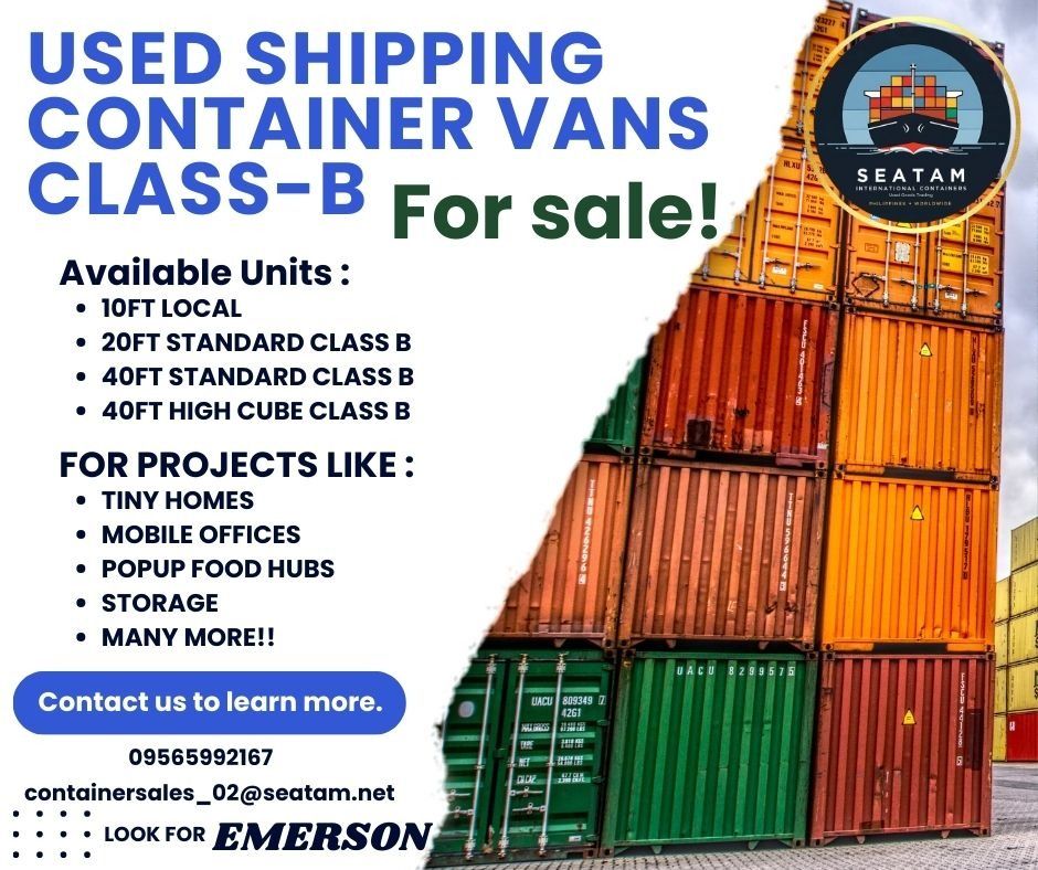 USED SHIPPING CONTAINERS CLASS B (Category: Construction & Building Materials) located in San Jose del Monte. Submitted by seatam_emerson (Listing ID 1407388799, Image 3). Description: - Used Class B Shipping Containers - Available Sizes: - 10ft Local - 20ft Standard - 40ft Standard - 40ft High Cube - Features: - Cargo Worthy - Wind and Water Tight - Cost Efficient - Great for: - Tiny Homes - Staff Houses - Construction - Storage - Contact us to 