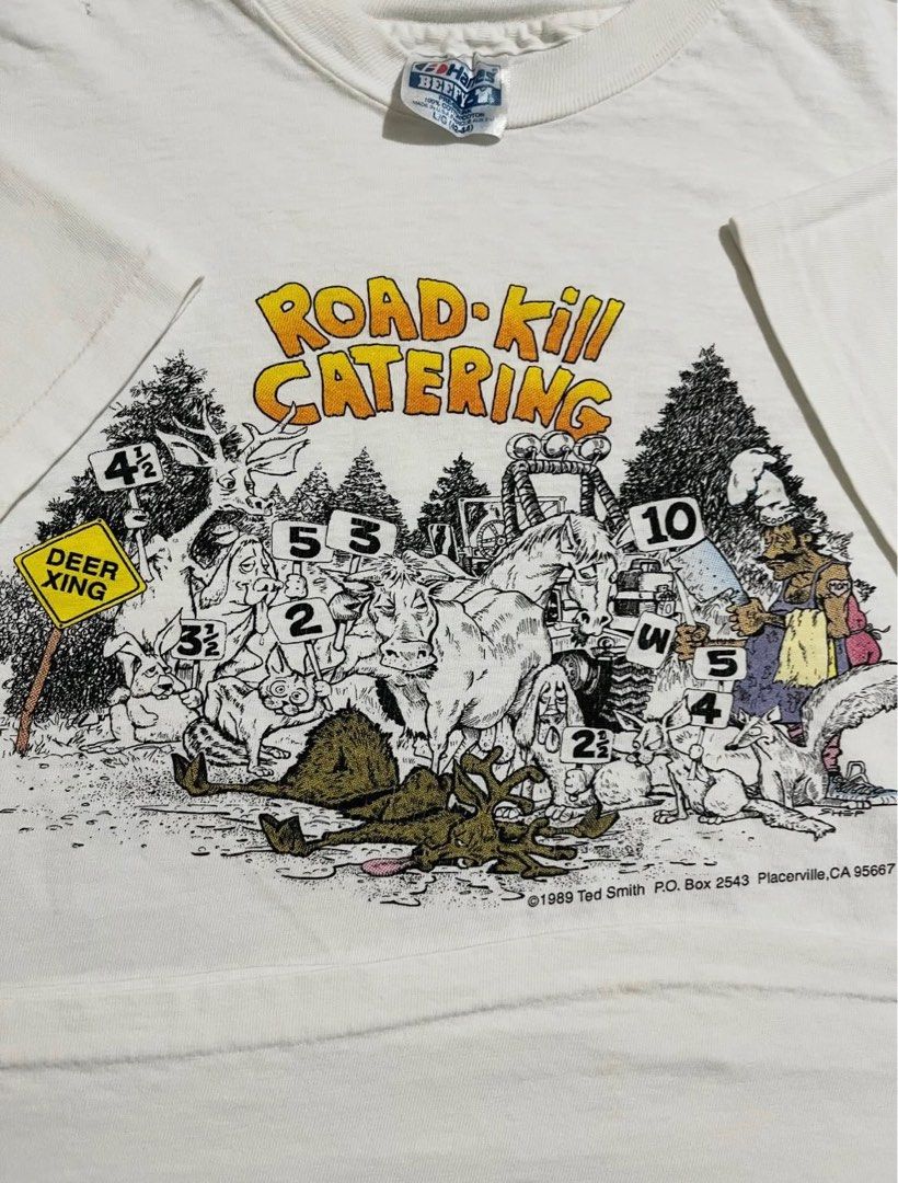 Vintage 1989 Road Kill Catering Tee (Category: Tshirts & Polo Shirts ) located in Subic. Submitted by quickieflips (Listing ID 1407454224, Image 1). Description: Vintage 1989 Road Kill Catering Shirt Ted Smith 80s Hanes Beefy tag Made in USA Single stitch all over Super beefy collar / neckline Size: Large Dimension: 21.5” x 26” Issue: Tiny pinhole 750 php Shipping fee will be shouldered by the buyer Location: Olongapo / Subic.