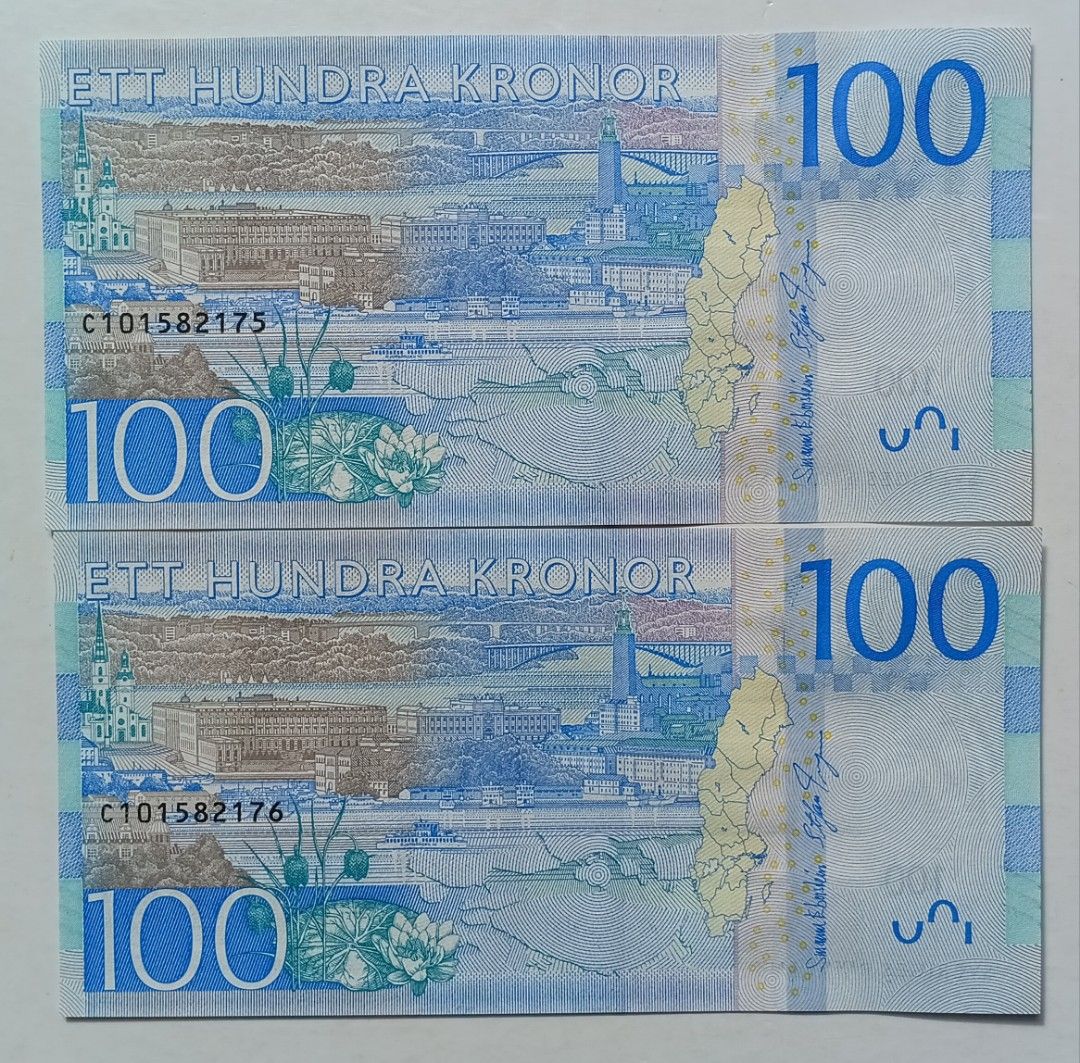 瑞典2016年100克朗兩張連號UNC（C101582175-76）, 興趣及遊戲, 收藏品及紀念品, 錢幣- Carousell