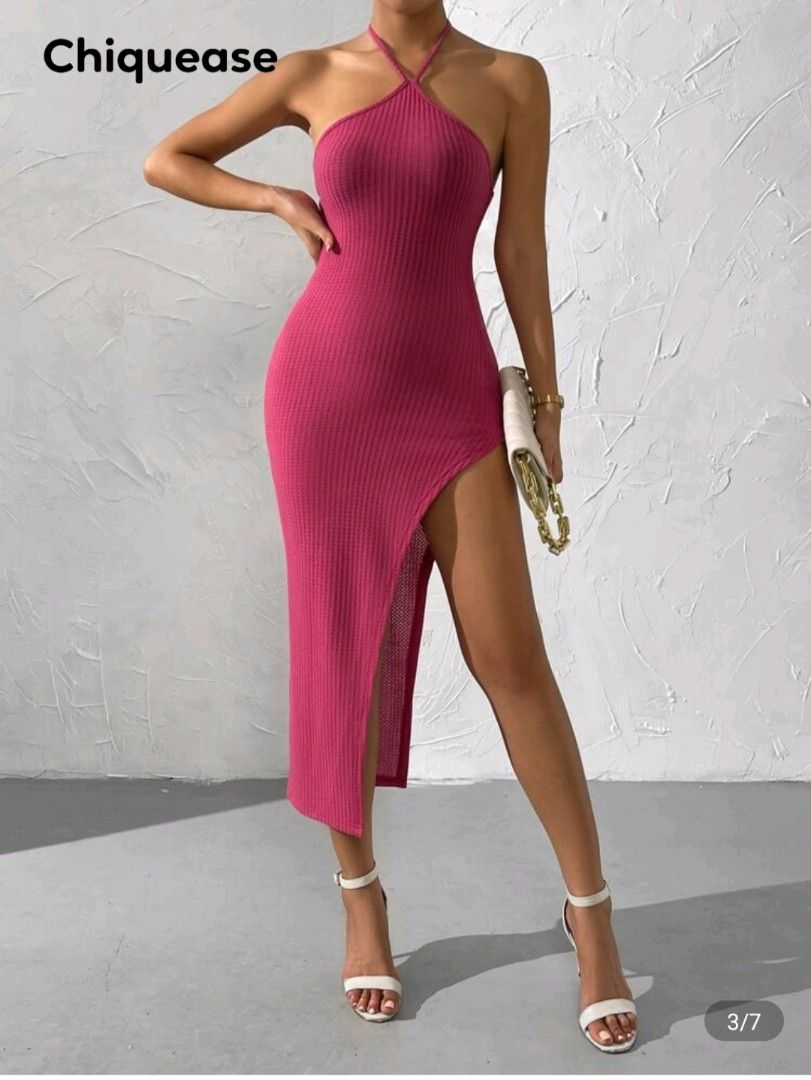 Chiquease Halter Neck Slit Dress (Category: Dresses) located in Mandaluyong City. Submitted by rechelnaparan (Listing ID 1410889490, Image 3). Description: - Halter neck design - Bodycon fit - Midi length - High slit detail - Ribbed knit fabric - Ideal for special occasions.