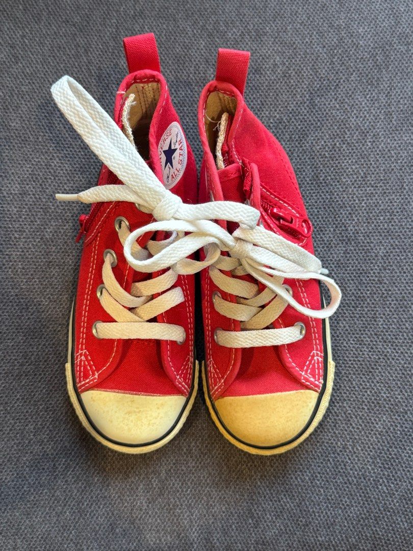 Converse All Star Red High Top Sneakers (Category: Babies & Kids Fashion) located in San Juan City. Submitted by vix13 (Listing ID 1410806623, Image 2). Description: Converse shoes for toddler. Size US 9 for kids. This would fit 3-4 y/o. Japan bought. Front part of the shoes has discoloration. Never used by my son. No box. .