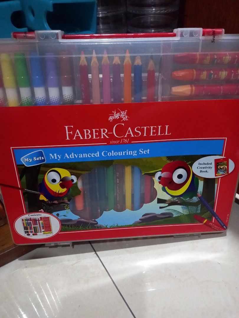 Faber-Castell My Advanced Colouring Set (Category: Stationery & School Supplies) located in Caloocan City. Submitted by colorsandcrafts (Listing ID 1410852007, Image 1). Description: Faber-Castell My Advanced Colouring Set includes a variety of art supplies. It contains 12 water colour pencils, 12 oil pastels, 6 twin tip markers, 1 sharpener, and 1 dust-free eraser. The set also includes pencils and crayons. The box has a detachable design and a 