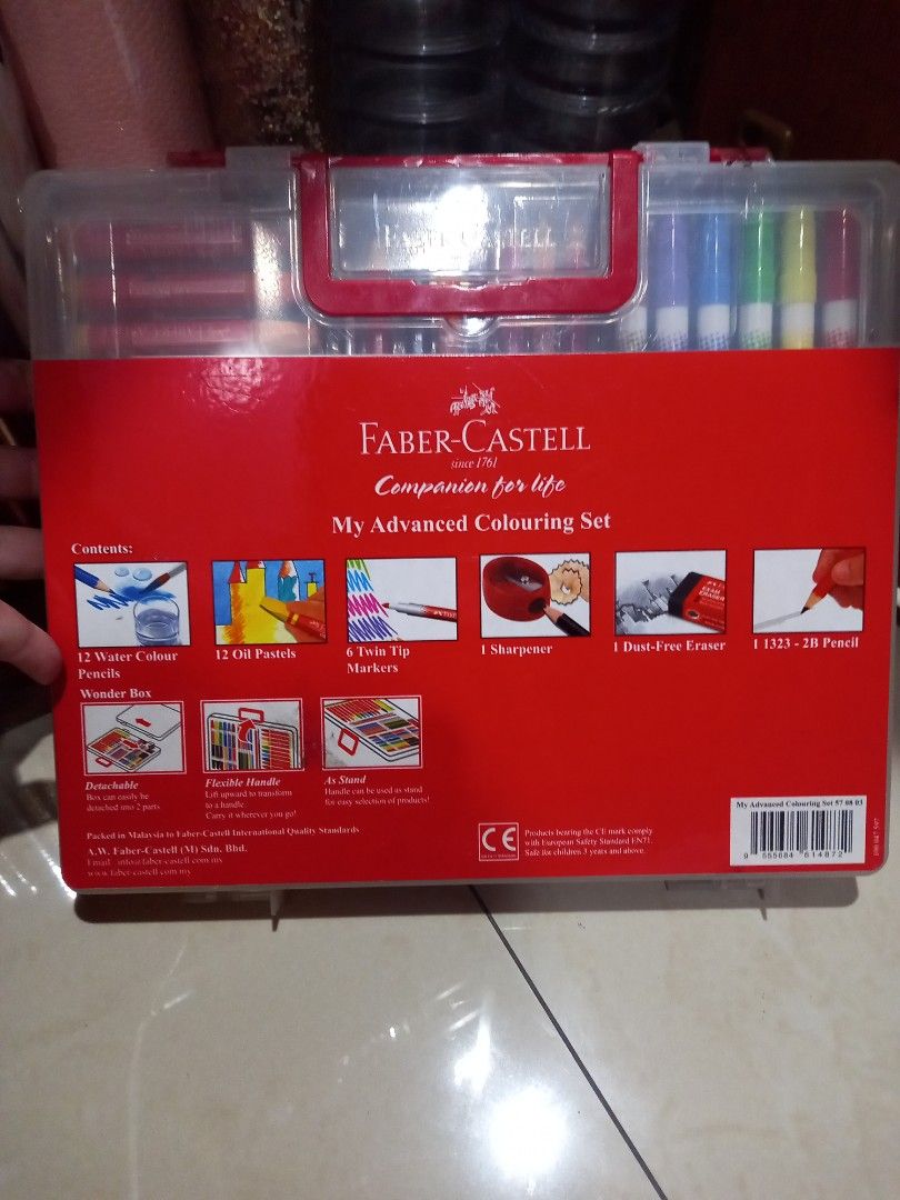 Faber-Castell My Advanced Colouring Set (Category: Stationery & School Supplies) located in Caloocan City. Submitted by colorsandcrafts (Listing ID 1410852007, Image 3). Description: Faber-Castell My Advanced Colouring Set includes a variety of art supplies. It contains 12 water colour pencils, 12 oil pastels, 6 twin tip markers, 1 sharpener, and 1 dust-free eraser. The set also includes pencils and crayons. The box has a detachable design and a 
