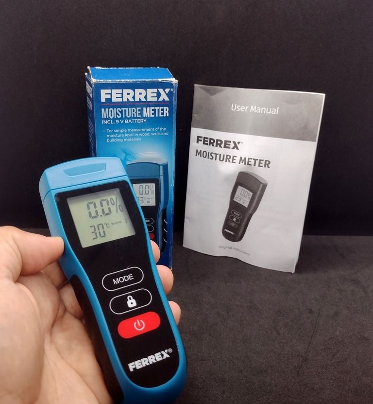 Ferrex Moisture Meter (Category: Construction Tools & Equipment) located in Quezon City. Submitted by mondy_mond (Listing ID 1410777364, Image 1). Description: Reason For Selling (RFS): De-cluttering This Ferrex Moisture Meter... *Detects & measures moisture level inside construction materials & surfaces (i.e. wood, walls, bricks, cement, plaster, soil, etc.) *For building inspectors, woodworkers, contractors, farmers, etc. *Also shows temperatur