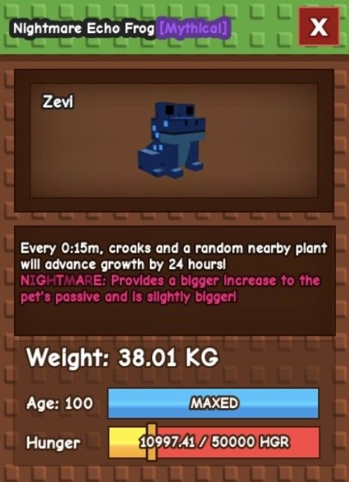 Huge Nightmare Echo Frog (Grow a Garden) (Category: Others) located in Manila. Submitted by dbxth (Listing ID 1410742923, Image 1). Description: photo is for reference only. 38kg to 39kg 15 seconds cooldown of ability without toy!.