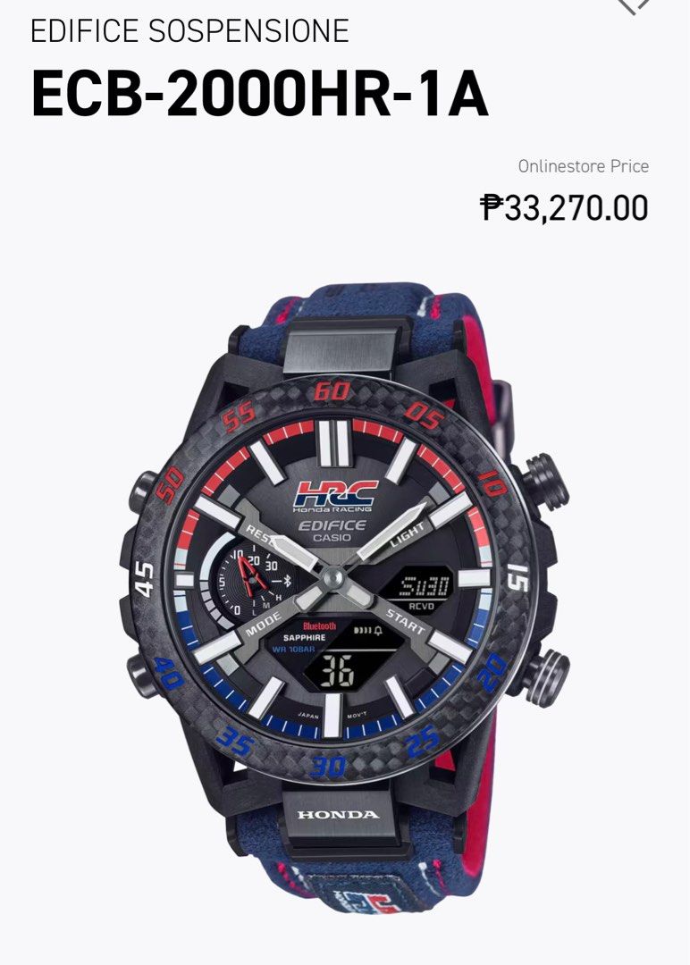 Limited Edition Casio Edifice x Honda Collaboration (Category: Men's Watches) located in Manila. Submitted by ticktreadph (Listing ID 1410832575, Image 2). Description: ⚡ AVAILABLE NOW ⚡ Casio Edifice Honda Racing Edition • ECB-S10NIS-7A – ₱19,990 only • ECB-2000HR-1A – ₱24,990 only Honda racing DNA on your wrist. Message us to reserve your unit..