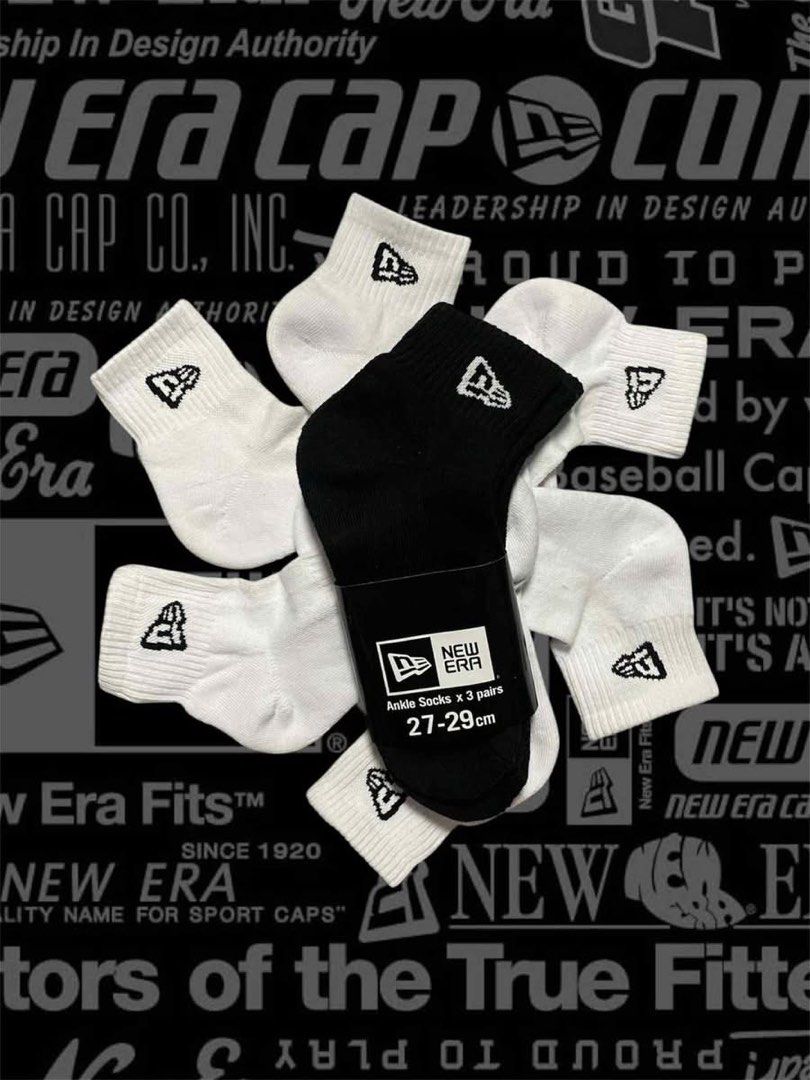 New Era Ankle Socks (3 pairs) (Category: Socks) located in Taguig. Submitted by julzfausti03386 (Listing ID 1410720673, Image 1). Description: New Era ankle socks, sold in packs of three pairs. Available in black and white. Sizes available are 23-25cm, 25-27cm, and 27-29cm. Each pair features the New Era logo. Perfect for everyday wear..