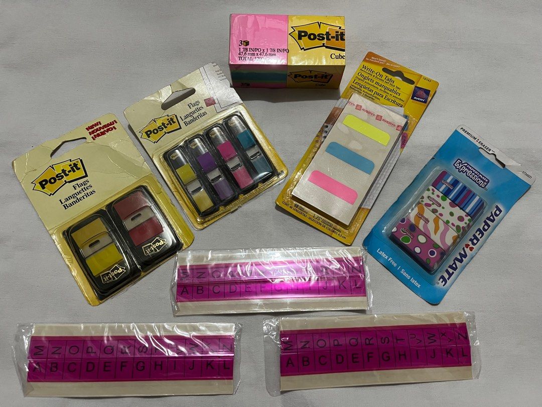 Post-it Notes, Flags, Avery Tabs, Paper Mate Erasers (Category: Stationery & School Supplies) located in Antipolo. Submitted by gettinghooked (Listing ID 1410795251, Image 1). Description: - Post-it Cube Notes: Assorted colors - Post-it Flags: Various color combinations (note: plastic cover detached) - Avery Write-On Tabs: Removable and durable - Paper Mate Expressions Erasers: Latex-free - Letter Tabs Never used; in storage for quite awhile.