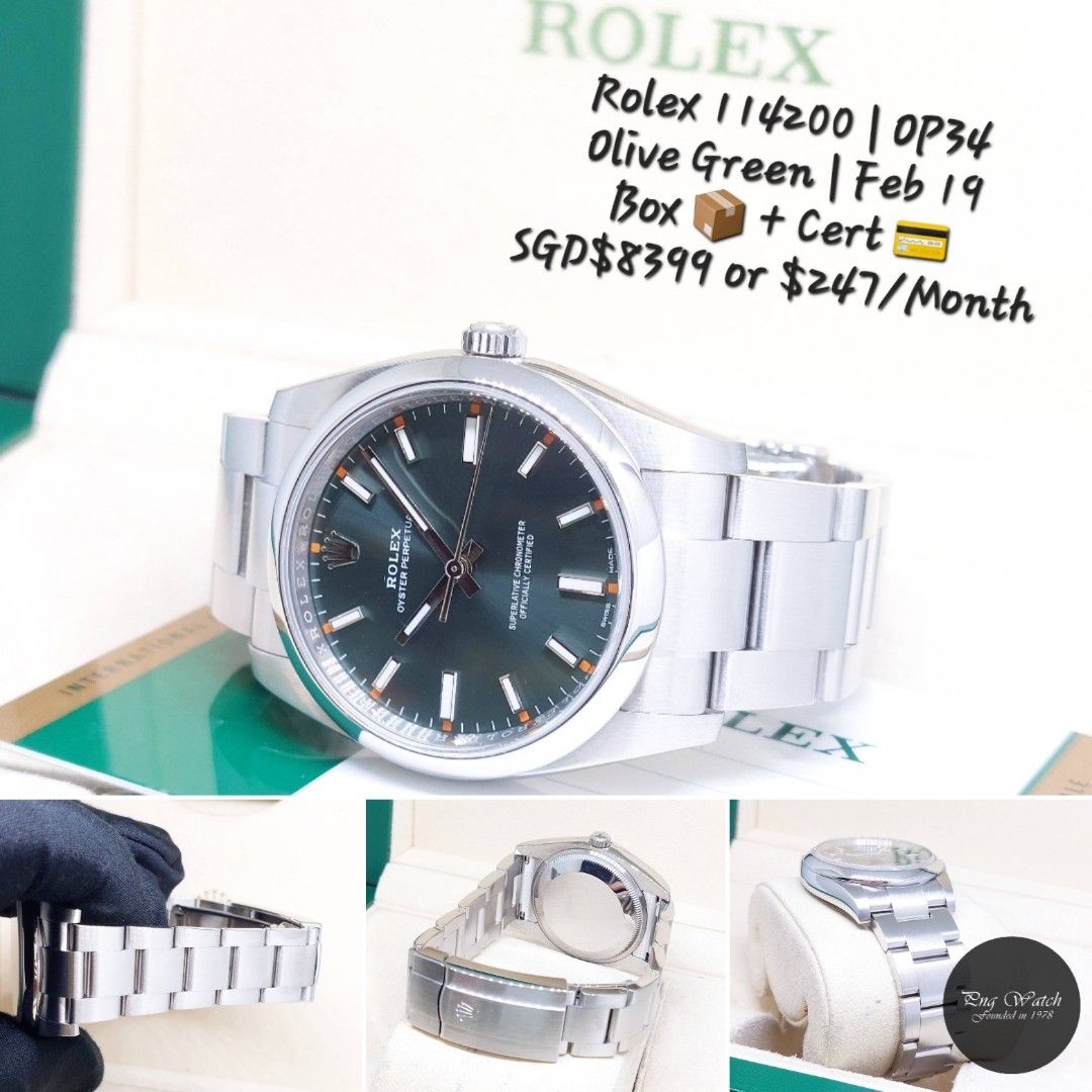 Rolex 34mm 114200 Olive Green Dial Oyster Perpetual (Feb 2019)(Grab & Go) (Category: Watches) located in Singapore. Submitted by pngwatchdealer (Listing ID 1410900056, Image 1). Description: Only SGD$247/Month for 36months via DBS/POSB credit card holders! Interest free! For more details on timepiece: https://carousell.app.link/fRk7mCNtgZb Operating Hours Mon to fri: 3pm to 9pm Sat: 3pm to 8pm Sun & PH closed (Please contact us before dropping by