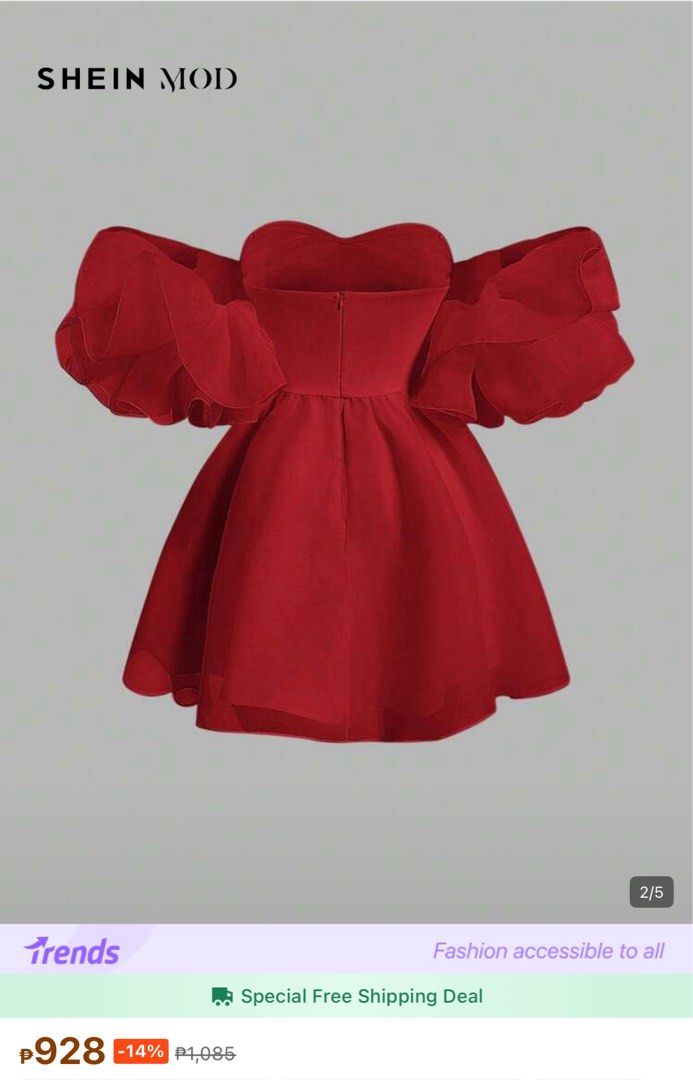 SHEIN MOD Red Off-Shoulder Dress (Category: Dresses) located in Manila. Submitted by queennhei (Listing ID 1410886577, Image 2). Description: - SHEIN MOD red off-shoulder dress - Sweetheart neckline - Dramatic ruffled sleeves - Fitted bodice - Flared skirt - Knee-length - Lightweight fabric - Perfect for special occasions.