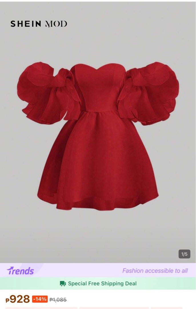 SHEIN MOD Red Off-Shoulder Dress (Category: Dresses) located in Manila. Submitted by queennhei (Listing ID 1410886577, Image 1). Description: - SHEIN MOD red off-shoulder dress - Sweetheart neckline - Dramatic ruffled sleeves - Fitted bodice - Flared skirt - Knee-length - Lightweight fabric - Perfect for special occasions.
