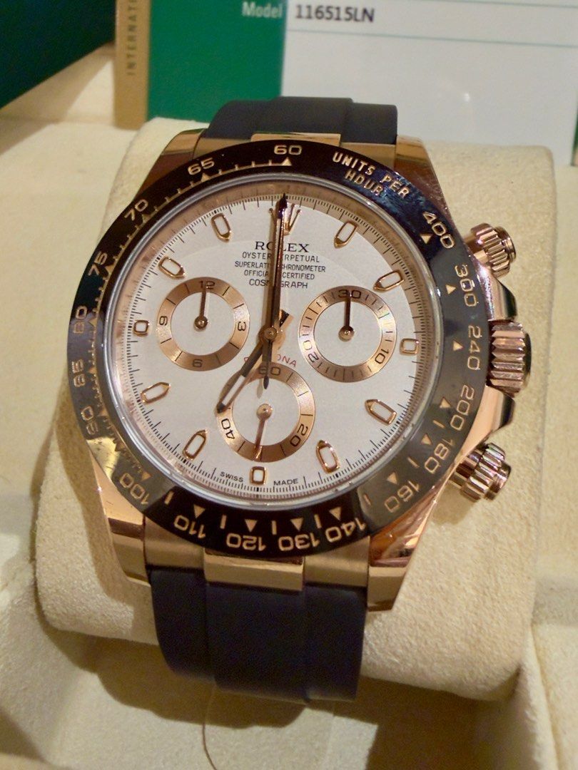 2018 Rolex Daytona Ivory (Category: Luxury Watches) located in Del Monte. Submitted by richard.o.yu (Listing ID 1411023990, Image 1). Description: For sale / trade: 2018 Rolex Daytona Oysterflex Ivory dial. P2,349,000 negotiable. 📌 40mm. Rose Gold case & clasp. Ivory dial. Oysterflex bracelet. 📌 Reference # 116515LN. Discontinued model. 📌 Complete set except for outer box. 2018 purchased local ad. 📌 9.7/10 rating. Good as new. Actual photos p