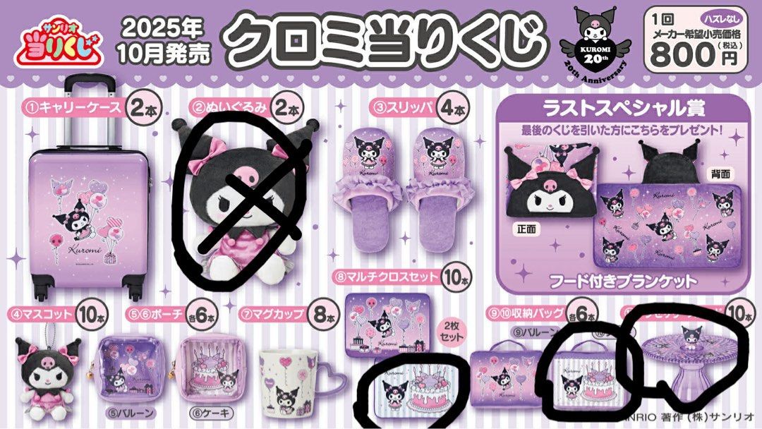 日本一番賞現貨 2 8 10 11 Kuromi Sanrio （分類：動漫角色周邊）位於 Hong Kong。 由 sakurayuki 提交（商品編號 1407388834，圖片 1）。簡介： 公仔100 收納袋50 紫灰款毛巾仔60 飾物架30。