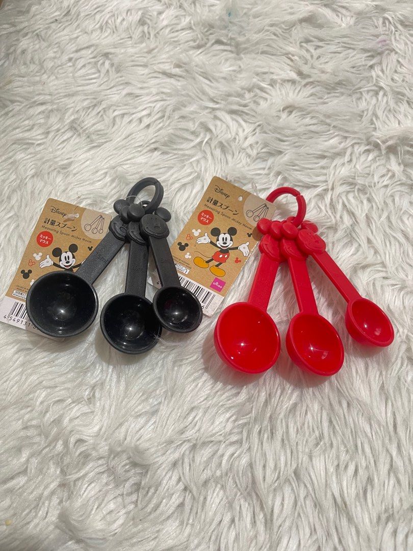 Disney Mickey Mouse Measuring Spoons (Category: Bakeware) located in Bayambang. Submitted by foursiblings081228 (Listing ID 1410969083, Image 1). Description: Set of Disney Mickey Mouse measuring spoons. Available in black and red. Each set includes three spoons of different sizes. The spoons are attached to a ring for easy storage. Perfect for measuring ingredients in the kitchen. Brand new with tags. ₱300 each J&t 📍Bayambang, Pangasinan.