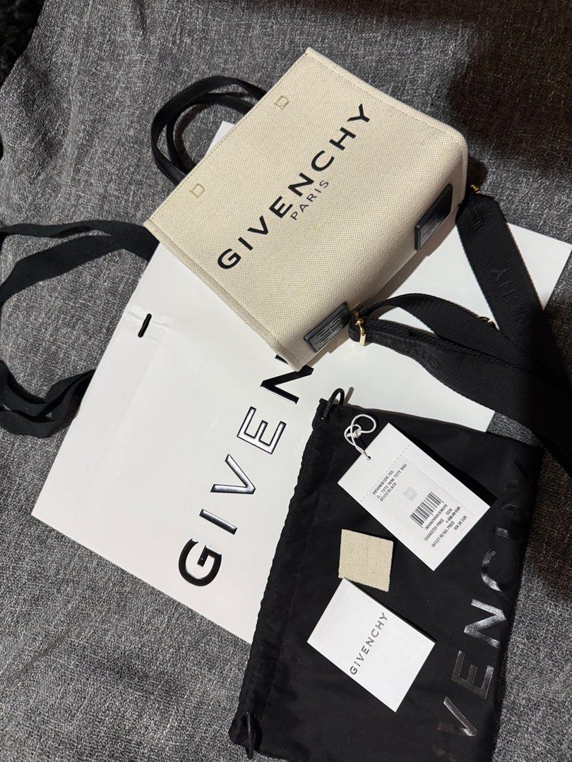 Givenchy G-Tote Mini Tote Bag Beige/Black (Category: Luxury Bags & Wallets) located in Taytay. Submitted by thriftgoodiesph (Listing ID 1410948747, Image 1). Description: Brand new & Unused RFS gift for mom but too small for her to use Inclusions: Bag Paper bag Dust bag Authenticity card Strap.