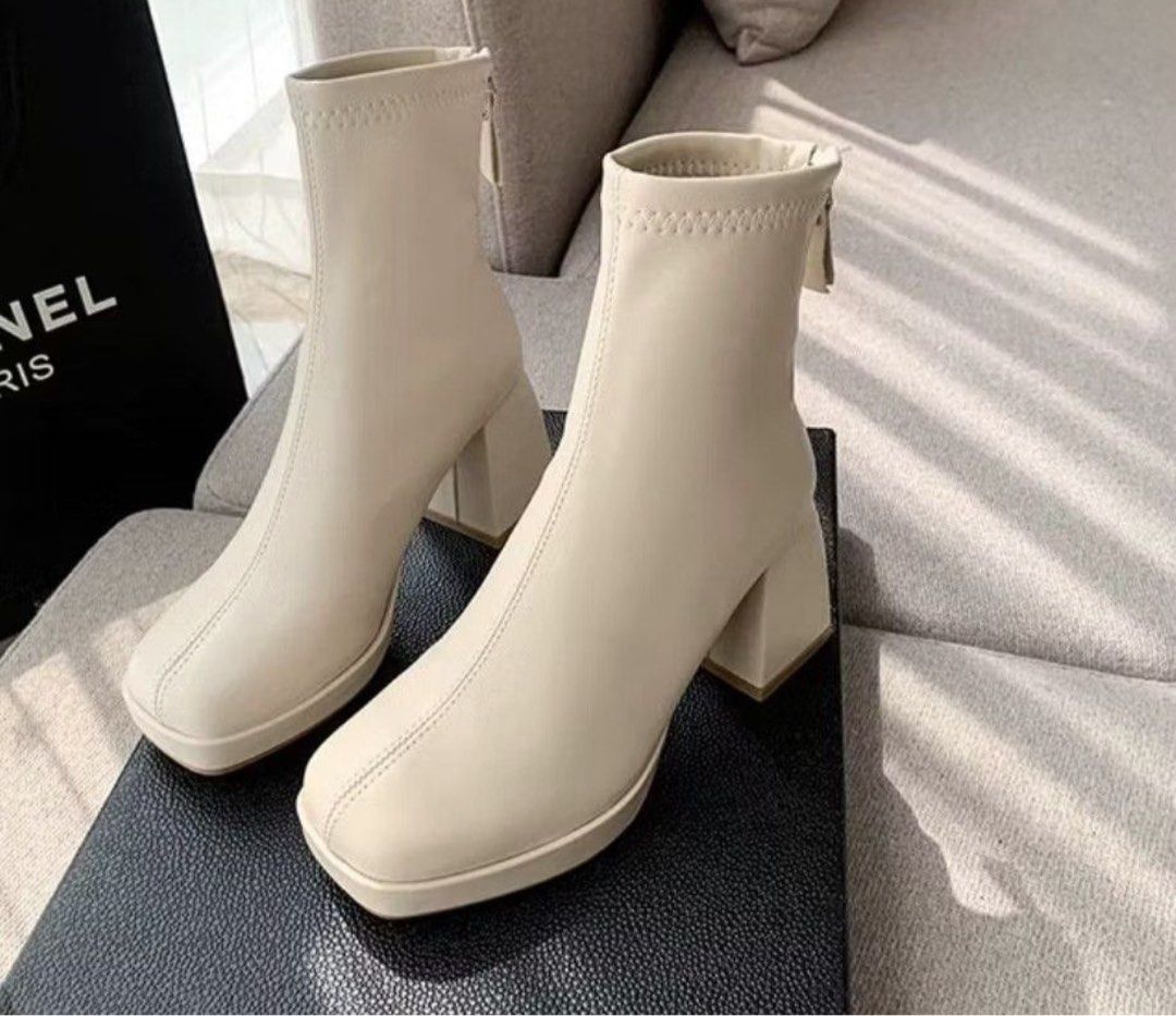 korean Cream Ankle Boots with Block Heels (Category: Boots) located in Paranaque City. Submitted by moonnini (Listing ID 1410976752, Image 1). Description: - used once for year-end party! .
