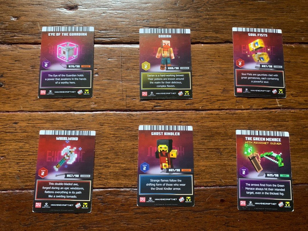 Minecraft Dungeons Arcade Trading Cards (70 pesos each) (Category: Raw Singles) located in Manila. Submitted by louisarrts (Listing ID 1410935103, Image 2). Description: Minecraft Dungeons Arcade trading cards - The cards: Eye of the Guardian, Darian, Soul Fists, Whirlwind, Ghost Kindler, and The Green Menace. .