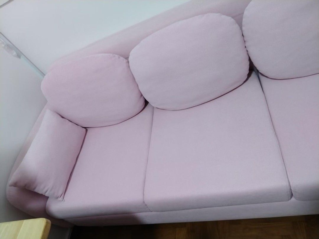 Sofa (Category: Sofas) located in Singapore. Submitted by foxfoo76 (Listing ID 1411041649, Image 3). Description: The sofa is as good as new. No scratches and stains on it. The sofa keeps in my study room with the sofa cover all the time. Please refer to last pictures for the cover. Color: Baby pink Size (mm): L173 x W74 X H40 Self-collection is need..