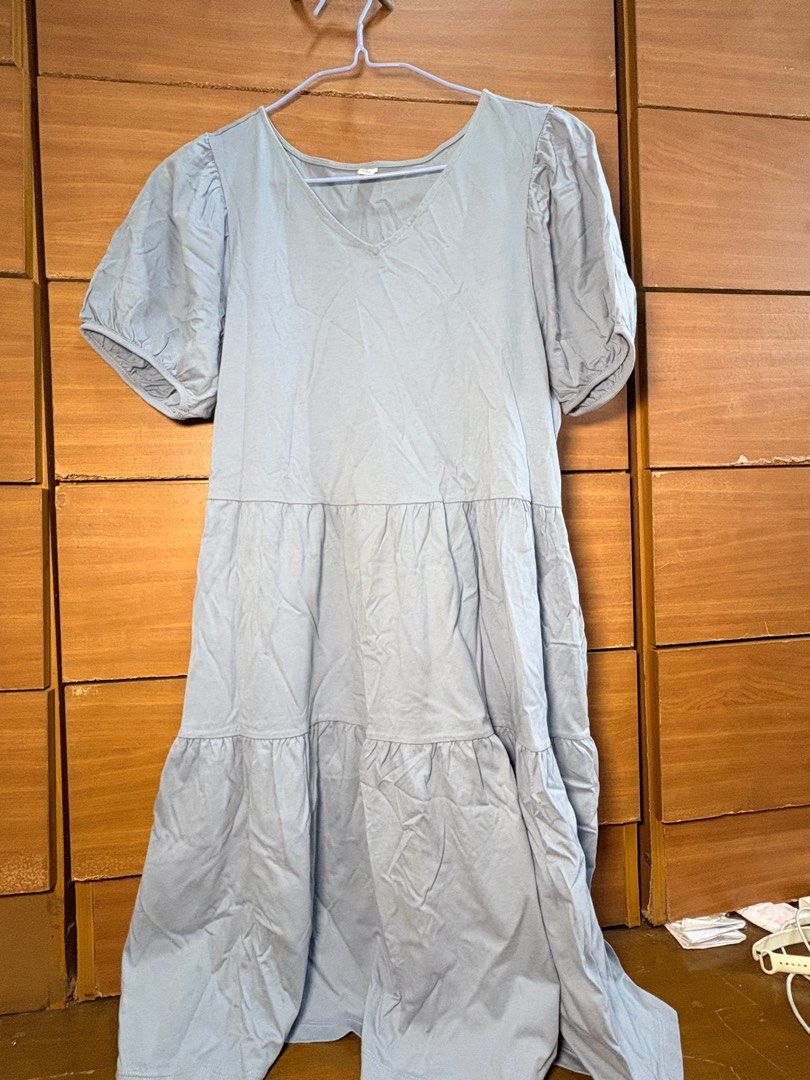 Uniqlo V-Neck Dress (Category: Dresses) located in Makati City. Submitted by itsnaoczar (Listing ID 1410945815, Image 2). Description: - Light blue dress - V-neck design - Short, puffy sleeves - Tiered skirt - Made in Vietnam - Condition: Some stains (blue paint).