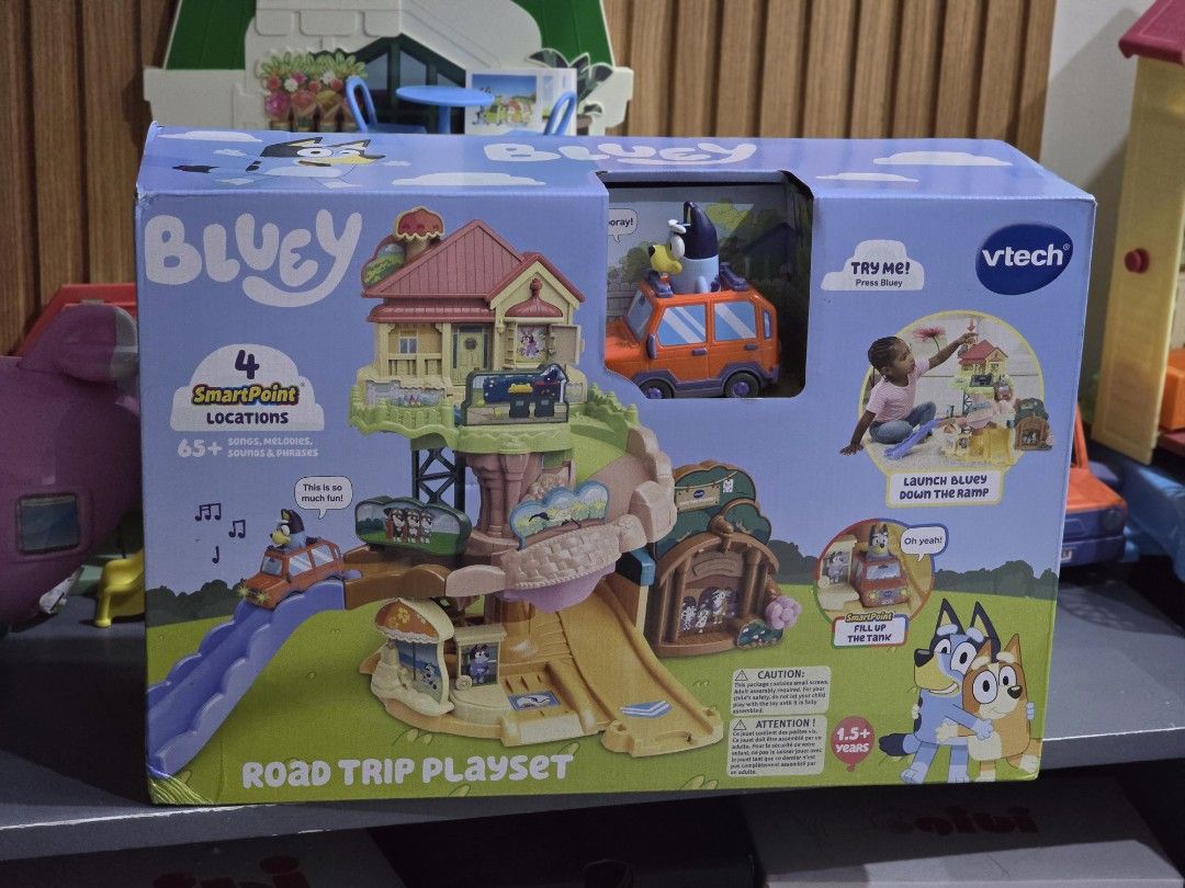 VTech Bluey Road Trip Playset (Category: Kids Toys) located in Imus. Submitted by chie0308 (Listing ID 1410923670, Image 1). Description: ONHAND ‼️ - VTech Bluey Road Trip Playset - Includes Bluey figure and orange car - Features 4 SmartPoint locations - Over 65+ sounds and phrases - Includes house, slide, and interactive elements - Designed for ages 1.5+.