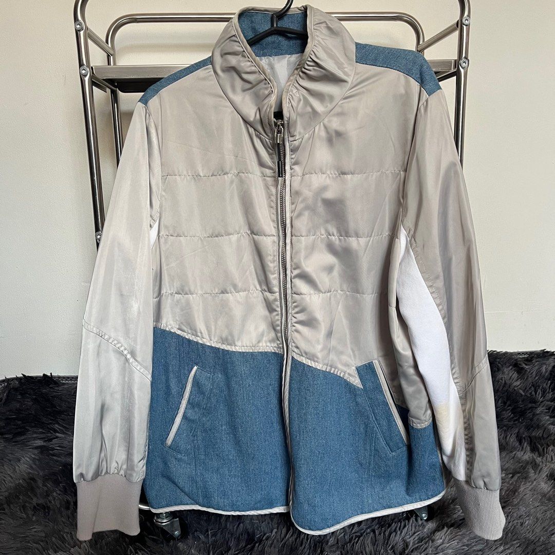 Y2K Futuristic Dirty White Denim Jacket (Category: Coats, Jackets and Outerwear) located in Las Pinas. Submitted by 913ver (Listing ID 1410952818, Image 1). Description: length: 61cm width: 54cm sleeves: 55cm - Unique design with a mix of materials - Quilted, light-colored body - Denim accents on lower front and upper back - Lighter-colored sleeves with ribbed cuffs - Front pockets - Minor make up stains on sleeves.