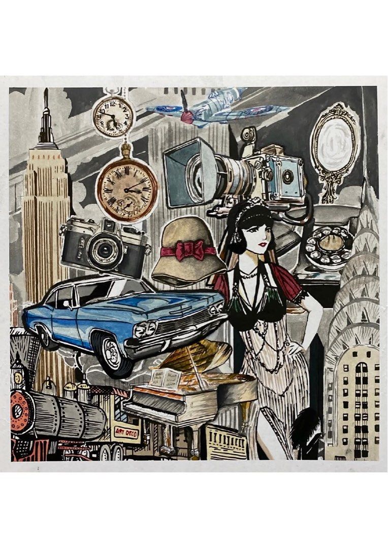 Art Deco Time Capsule Artwork (Framed) 12x12” (Category: Art & Prints) located in Rizal. Submitted by chm.ab (Listing ID 1411138455, Image 2). Description: • Medium: Mixed media on illustration board (colored pencil, dissolved ink, ball-point pen, poster paint, and watercolor) • Size: 12 x 12 inches (frane excluded) • Style: Art Deco / Collage Rendering • Subject: “Time Capsule” a visual montage of vintage objects and architecture • Reference: Ba