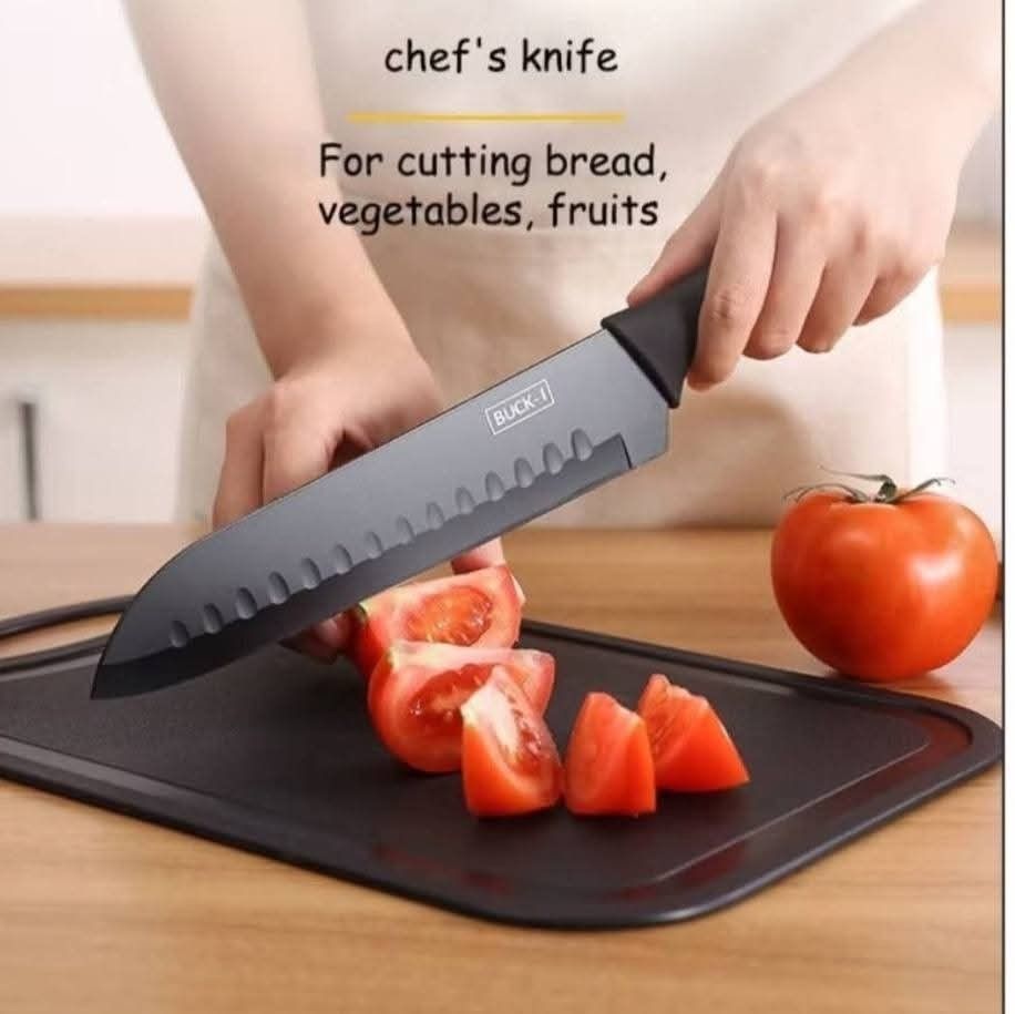 BUCK-I Knife Set (Category: Knives & Chopping Boards) located in Manila. Submitted by raredeer-4deb4e (Listing ID 1411207169, Image 2). Description: Knife set includes a chef's knife, a bread knife, a paring knife, and a peeler. The knives are black and come with a heart-shaped egg shaper. The chef's knife is designed for cutting bread, vegetables, and fruits. The set comes in a black box..